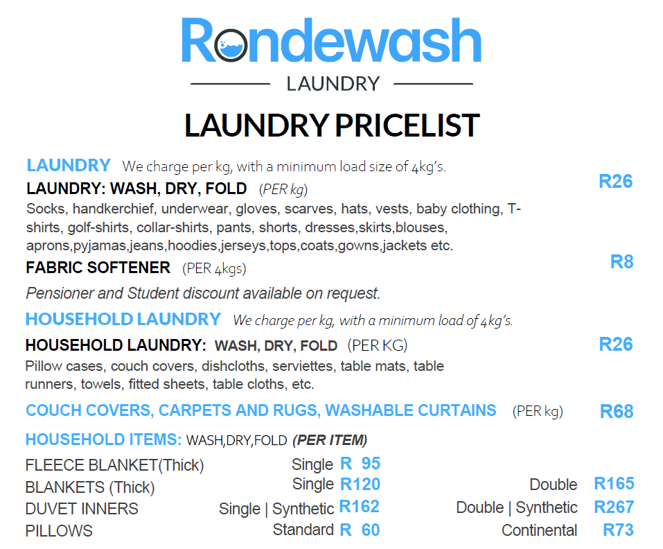 Price list for Rondewash laundry